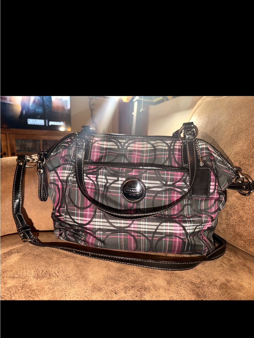 Coach Pink and Black Plaid Signature Satchel